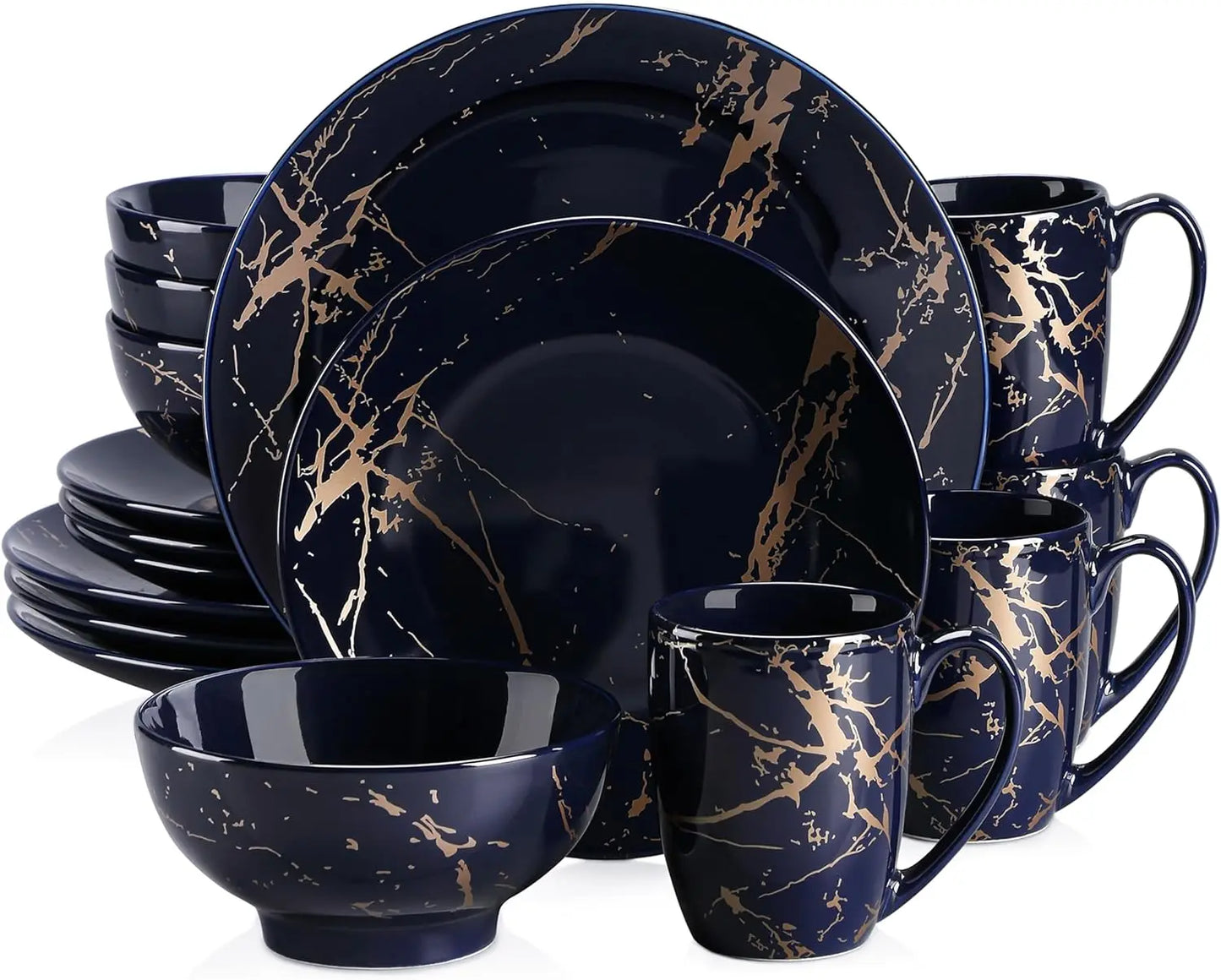 Black Plates and Bowls Sets for 4, Porcelain Dinnerware Sets 16 Piece Gold Splash Glaze Ceramic Dish Set, Round Dinner Set