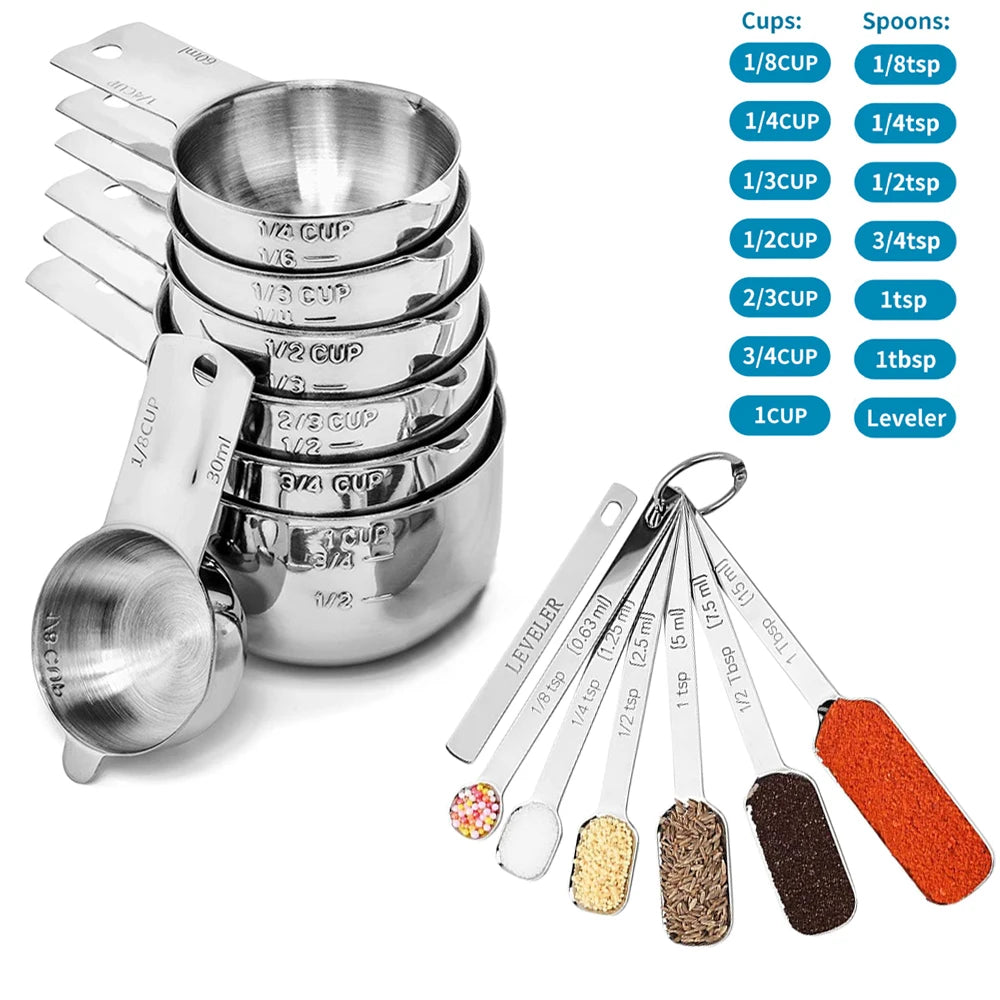 Stainless Steel Measuring Cup and Spoons Set 14PCS with Leveler,Dry and Liquid Ingredients, Perfect for Cooking & Baking