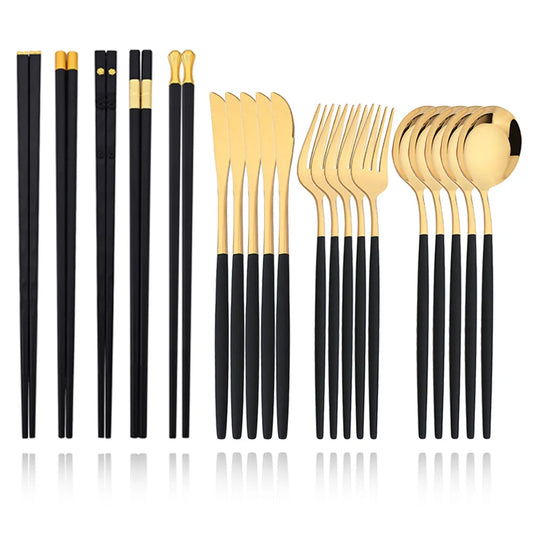 Black Gold Korean Tableware Set 15-20Pcs Luxury Cutlery Set Stainless Steel Dinnerware Knife Fork Spoon Chopsticks Cutlery Set