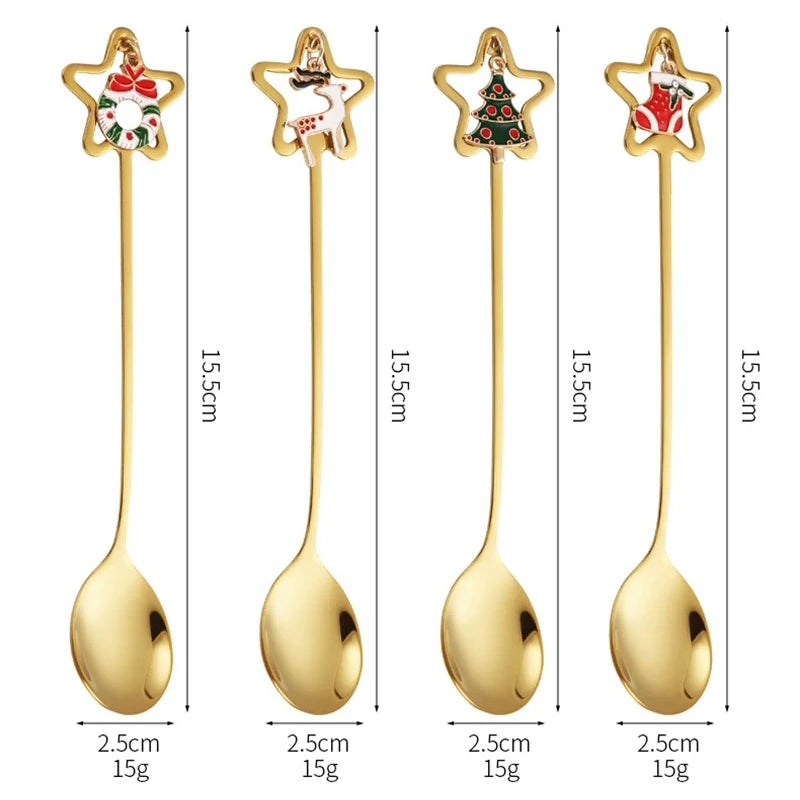 4pcs Christmas Gift Gold Spoon Set Star Elk Christmas Tree Decoration Cutlery Set New Year Home  Kitchen Dessert Coffee Spoon