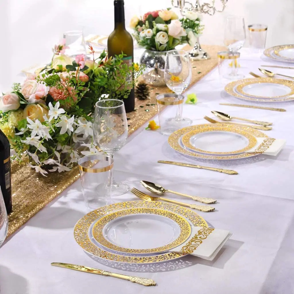 10 Guests Gold Lace Plastic Plates with Plastic Silverware Set,Elegant Lace Dinnerware Sets for Birthday Parties, Wedding