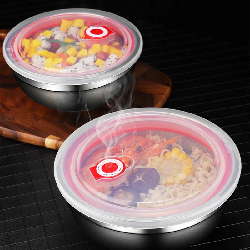 Double Layer Stainless Steel Bowls With Lid Salad Mixing Serving Bowl Korean Style Ramen Noodles Food Storage Containers