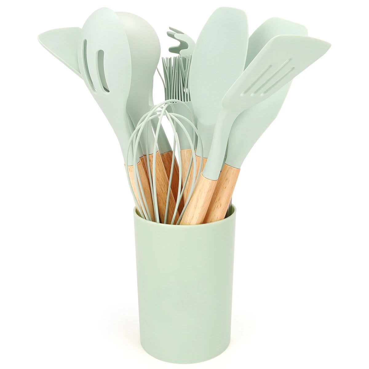 12Pcs Silicone Kitchen Utensils Spatula Shovel Soup Spoon Cooking Tool with Storage Bucket Non-Stick Wood Handle Kitchen Gadgets