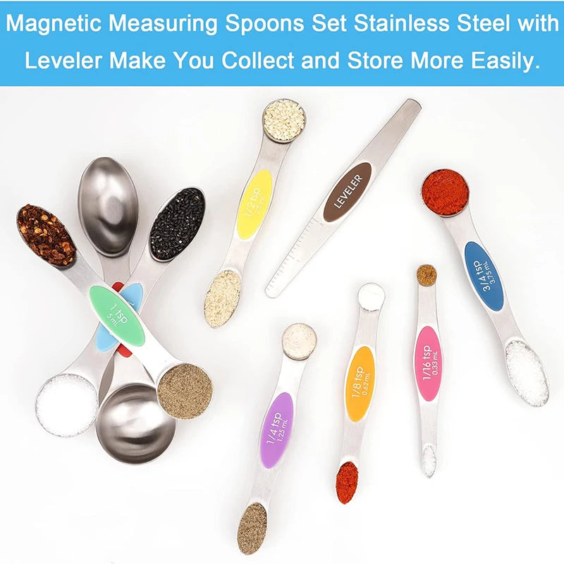 9 Pcs Magnetic Measuring Spoons Set Dual Sided Stainless Steel Small Tablespoon Teaspoons Fits In Spice Jars