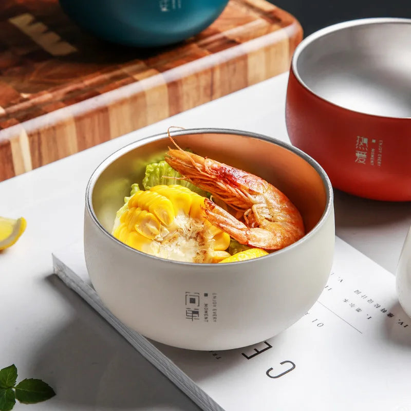 Stainless Stee Round Rice Soup Bowl with Lid Double Layer Fruit Noodles Bowls Food Container Japanese Style Tableware