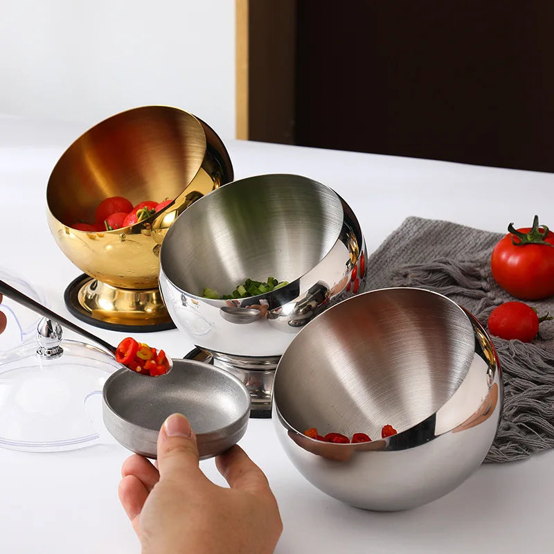 Stainless Steel Slant Sauce Bowl with Lid Hot Pot Buffet Seasoning Jar Container Fruit Salad Spherical Bowls Serving Tableware