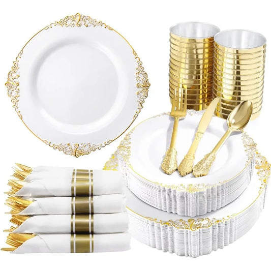 Pink and Gold Plastic Plates - Pink Plastic Dinnerware Sets for 50 Guests - 100 Pink Disposable Plates, 150 Gold Plastic