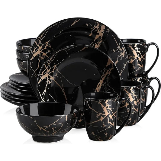 Black Plates and Bowls Sets for 4, Porcelain Dinnerware Sets 16 Piece Gold Splash Glaze Ceramic Dish Set, Round Dinner Set