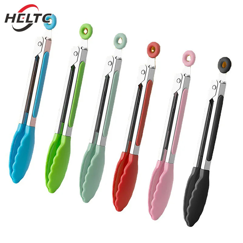 Silicone BBQ Grilling Tong Kitchen Cooking Salad Bread Serving Tong Non-Stick Barbecue Clip Clamp Stainless Steel Tools Gadgets