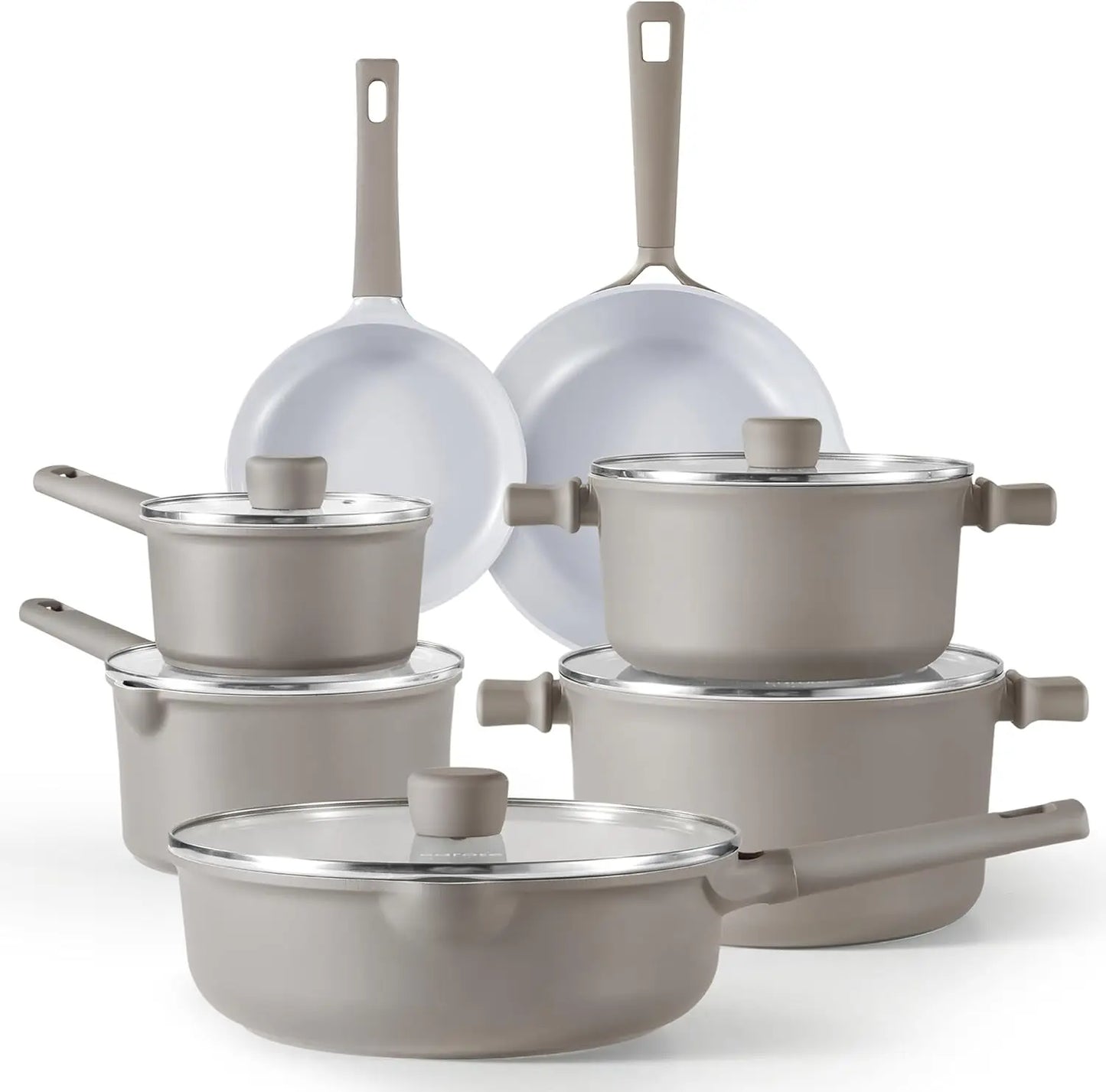 Ceramic Cookware Set 12 Piece, Healthy & Pfoa/Pfas Free, Nonstick Pots And Pans Set, Induction-Compatible, Taupe