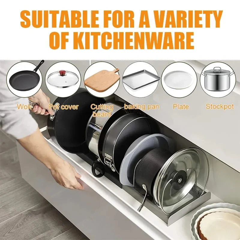 Expandable Stainless Steel Storage Rack Kitchen Cabinet Holder for Pan Pot Lid Cutting Board Drying Cookware Dish Rack Organizer