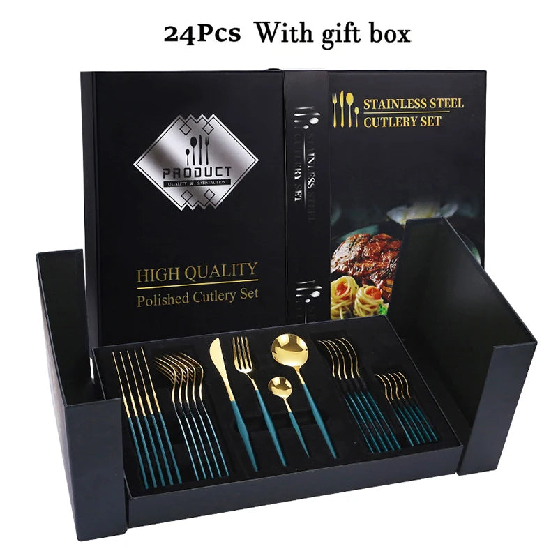 24pcs Elegant black and gold stainless steel cutlery gift set - knife, fork, spoon - perfect for festive occasions and dinners