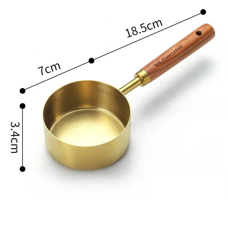 Wooden Handle Measuring Cups Spoons Stainless Steel Food Coffee Flour Scoop Kitchen Scale Baking Cooking Gadget Kitchen Tools