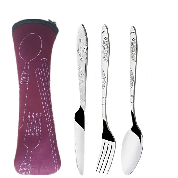 3Pcs Steel Knifes Fork Spoon Set Family Travel Camping Cutlery Eyeful Four-piece Dinnerware Set with Case