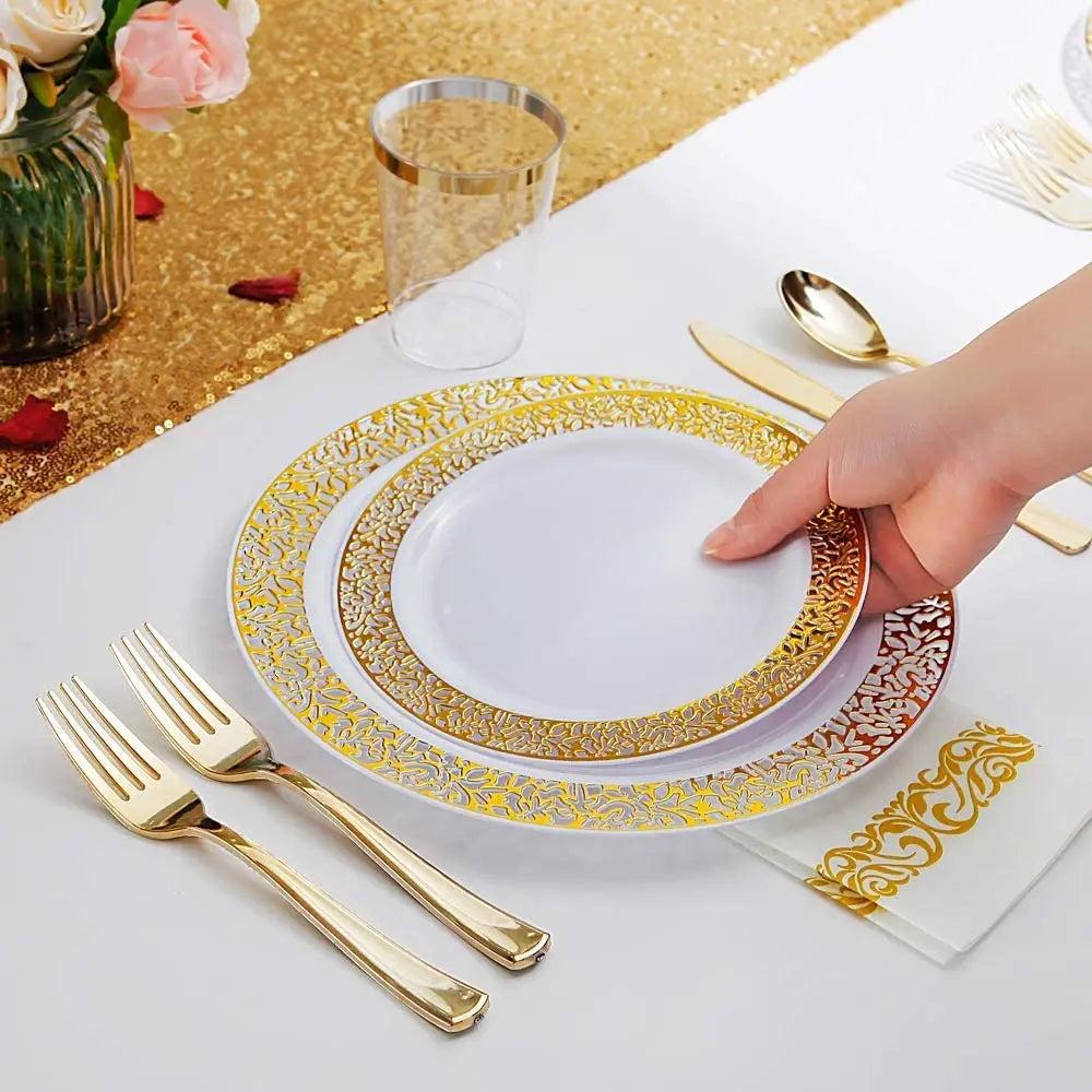 10 Guests Gold Lace Plastic Plates with Plastic Silverware Set,Elegant Lace Dinnerware Sets for Birthday Parties, Wedding