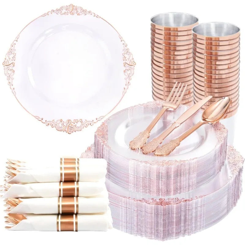 Pink and Gold Plastic Plates - Pink Plastic Dinnerware Sets for 50 Guests - 100 Pink Disposable Plates, 150 Gold Plastic