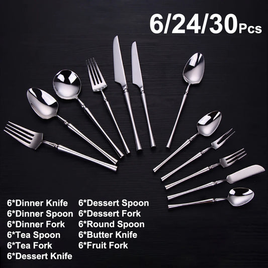 6/24/30Pcs Sliver Cutlery Set Stainless Steel 304 Tableware Elegant Dinner Set Western Knife Fork Spoon Mirror Flatware