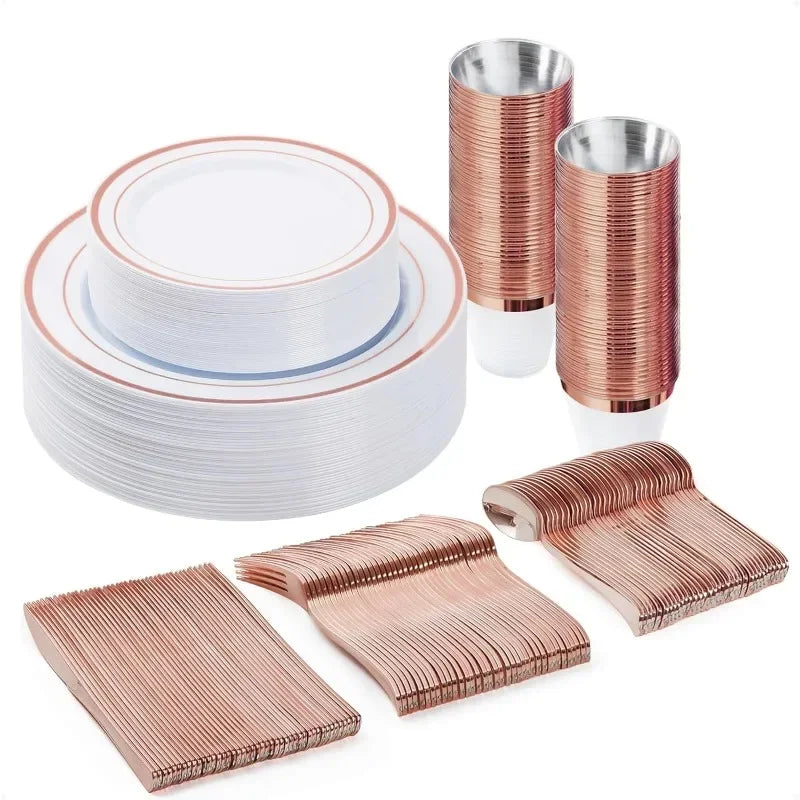 600PCS Plastic Dinnerware Set (100 Guests), Disposable Plates for Party, Wedding, Anniversary, Includes: Dinner Plates