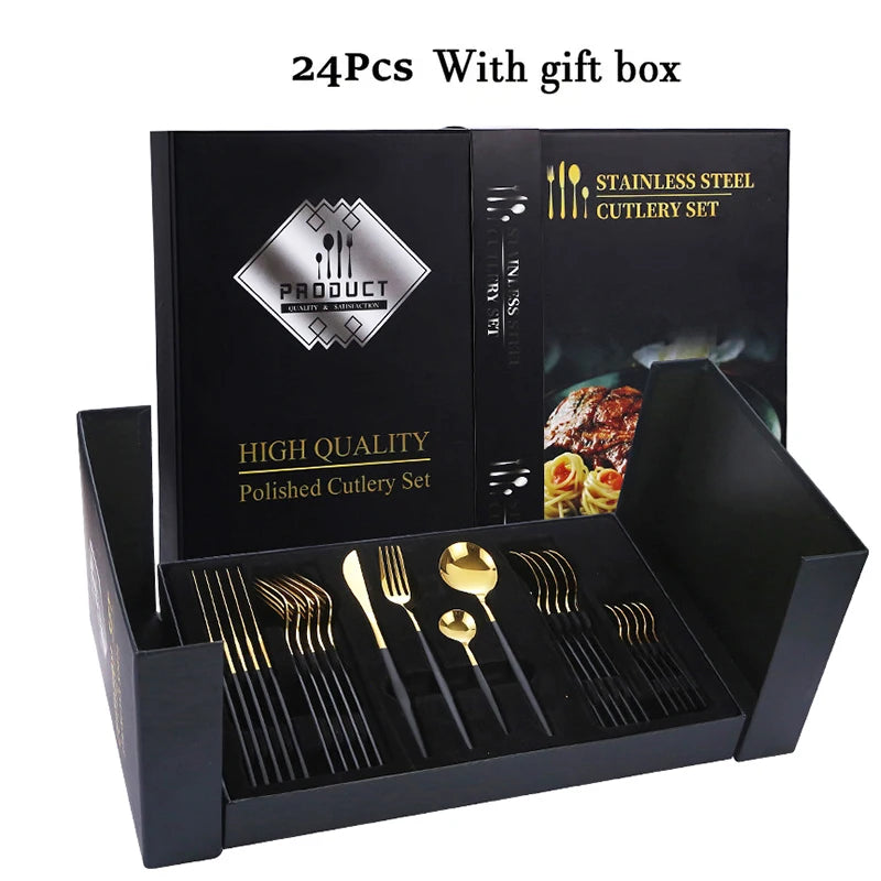 24pcs Elegant black and gold stainless steel cutlery gift set - knife, fork, spoon - perfect for festive occasions and dinners