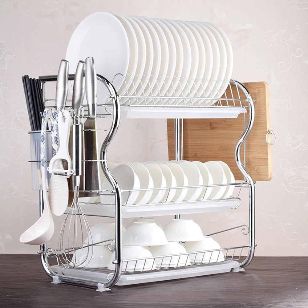 Multi-functional 3-Tier Dish Rack Kitchen Supplies Storage Rack Draining Rack with Chopsticks/Knives/Cutting Board Holder