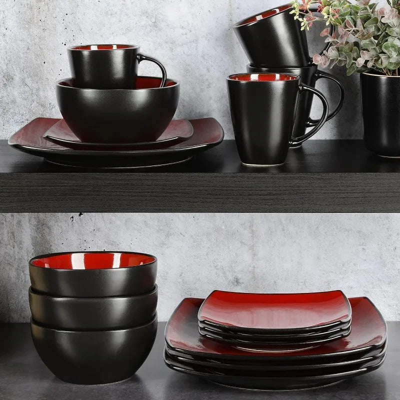 Square Reactive Glaze Dinnerware Set, Red, Service for 4 (16pcs)