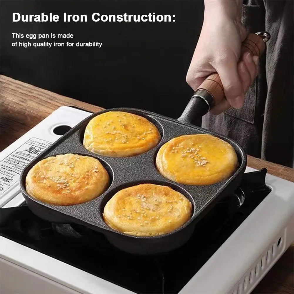 4-Hole Omelet Pan Wooden Handle Non Stick Cookware Pancake Pan Multifunction Hamburger Steak Pan for Gas Stove Induction Cooker