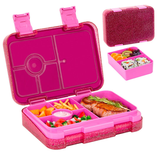 Glitter Style Kids Bento Lunch Box with 5 Compartments Sauce Container Portable Divided Microwave Oven Leakproof School Office