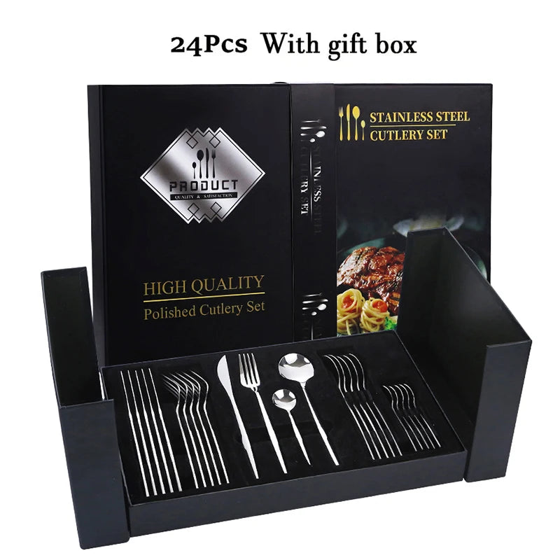 24pcs Elegant black and gold stainless steel cutlery gift set - knife, fork, spoon - perfect for festive occasions and dinners