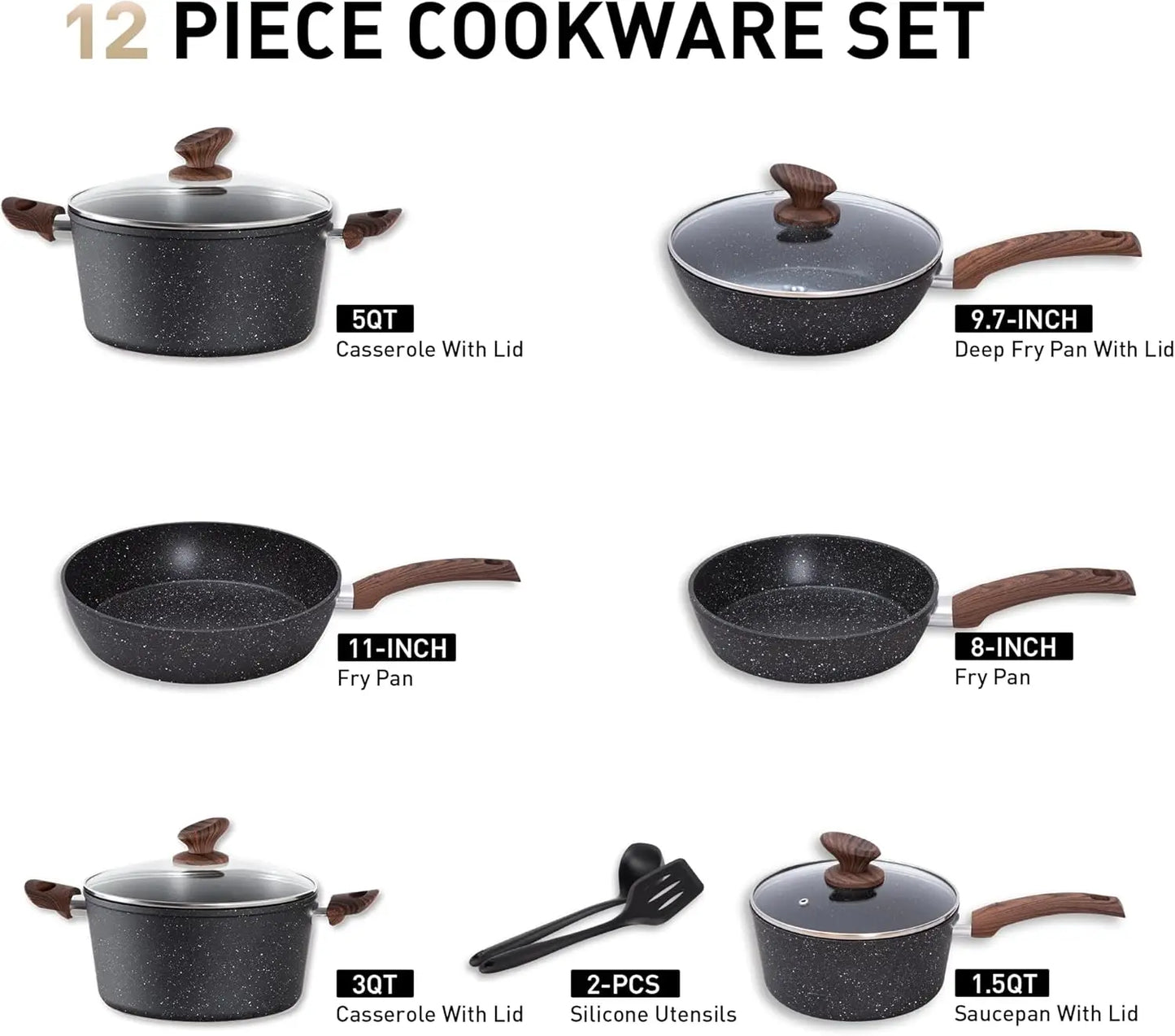 Pots and Pans Set Non Stick, 12 Piece Kitchen Cookware Sets, Black Granite Induction Compatible Cookware Set