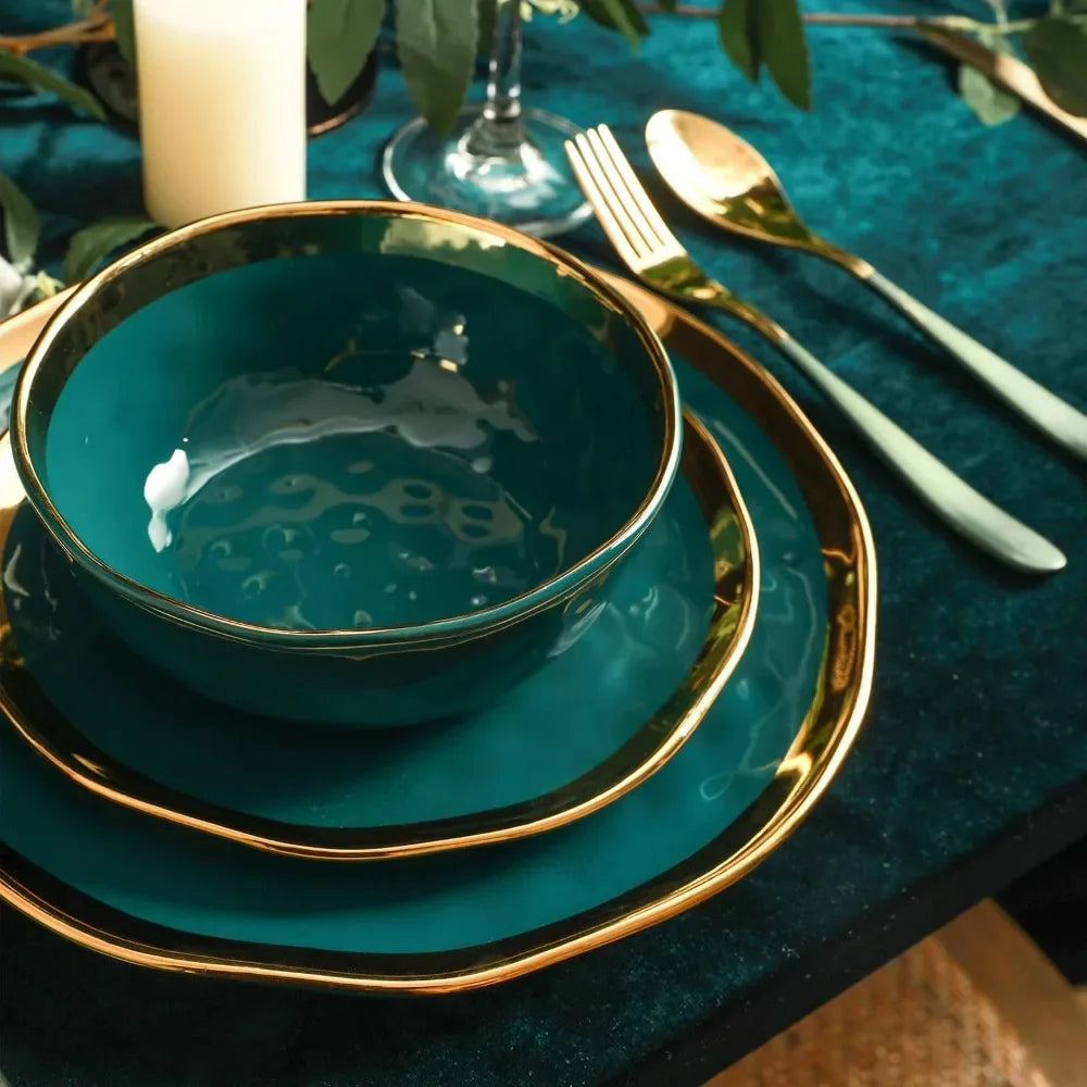 Porcelain 16 Piece Dinnerware Set, Service for 4, Green and Golden Rim  dishes and plates sets  dinnerware set