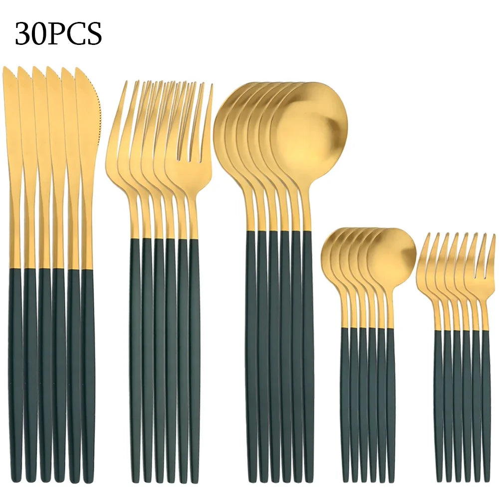 30Pcs Black Gold Dinnerware Set Stainless Steel Dinner Knife Fruit Fork Spoon Cutlery Set Kitchen Tableware Silverware Sets