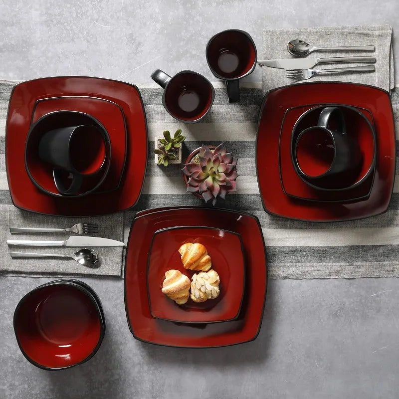 Square Reactive Glaze Dinnerware Set, Red, Service for 4 (16pcs)