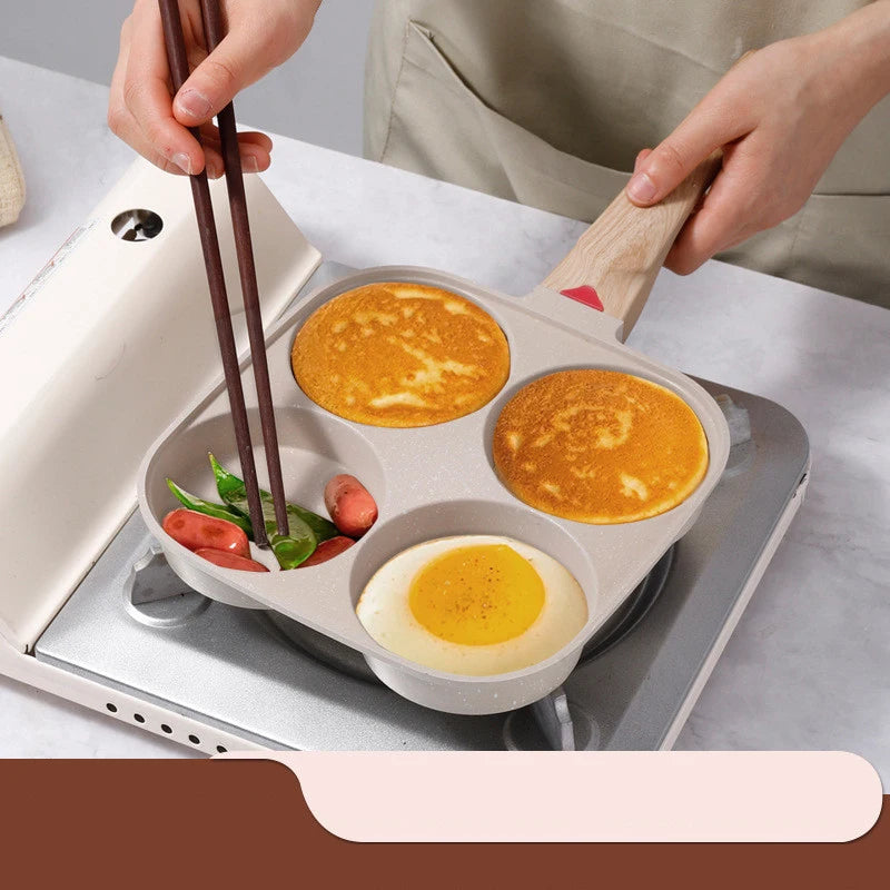 4 Hole Frying Pan Non Stick Breakfast Burger Egg Pancake Maker Wooden Handle Medical Stone Four Hole Omelet Pan