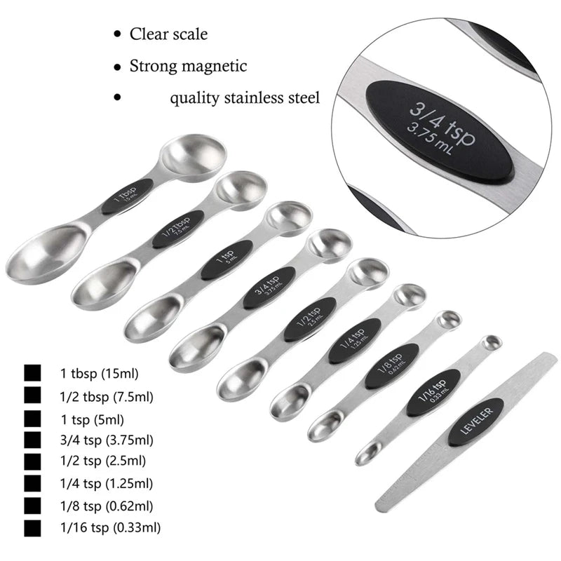 16Pc Magnetic Stainless Steel Measuring Cups & Spoons Set, 7 Heavy Duty Cups,8 Double Sided Spoons With Leveler