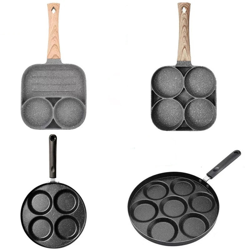 4 Hole Frying Pan Non Stick Breakfast Burger Egg Pancake Maker Wooden Handle Medical Stone Four Hole Omelet Pan