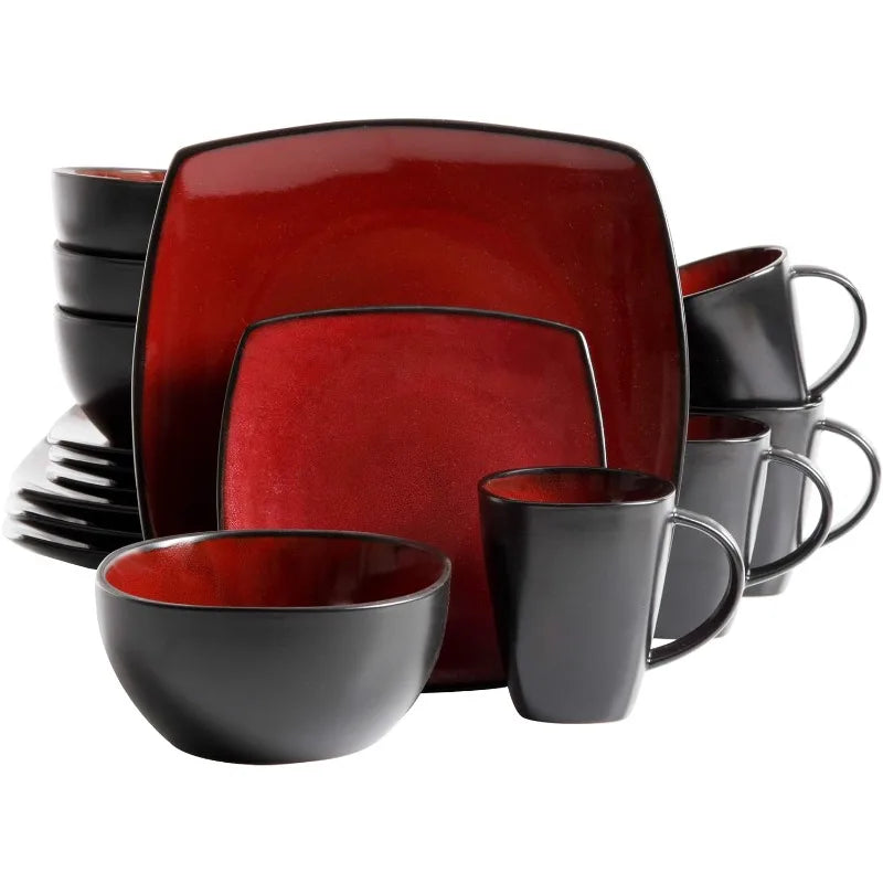 Square Reactive Glaze Dinnerware Set, Red, Service for 4 (16pcs)