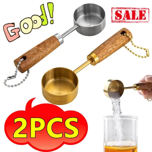 2/1Pc Wood Handle Measuring Spoons Cups Stainless Steel Quantitative Seasoning Tools Wood Handle Kitchen Utensils Home Gadgets