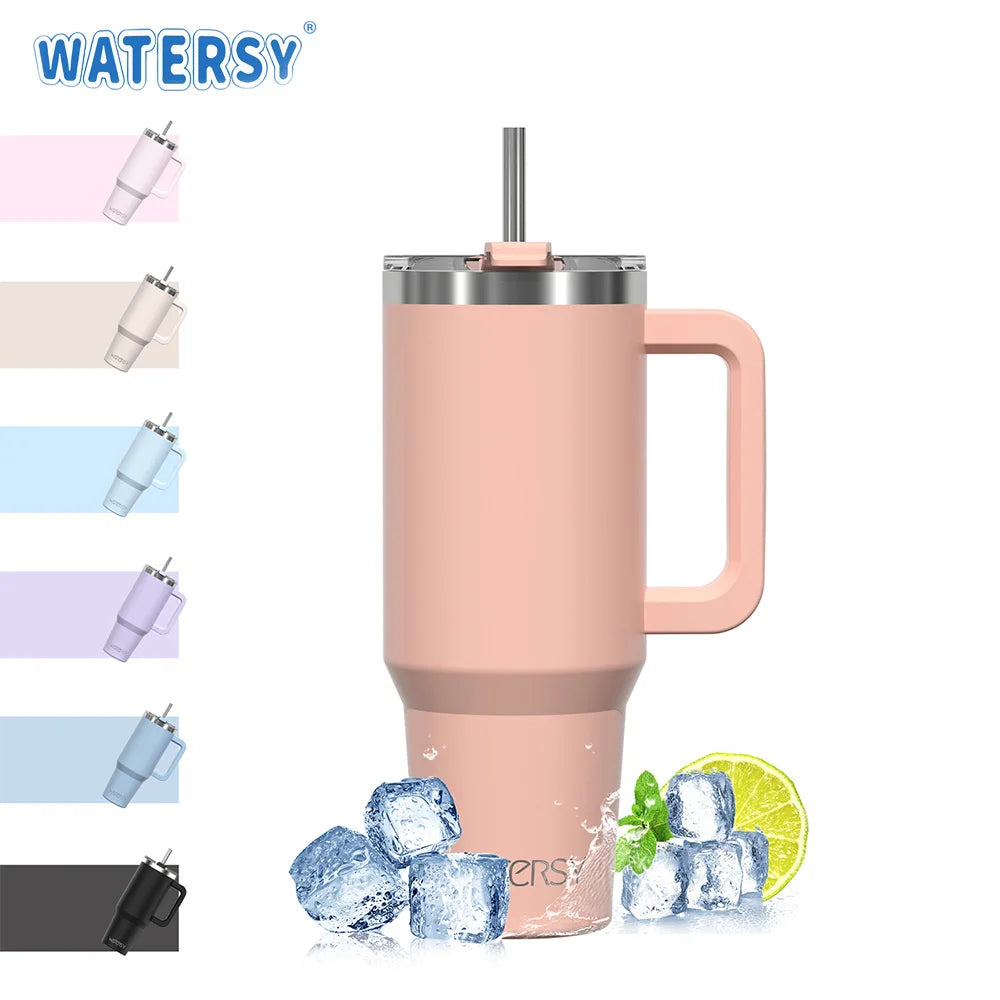 Watersy 40oz/1200ml Tumbler with Handle and Straw Lid Large Capacity Stainless Steel Thermal Cup Keep Coffee Beer Cold Vacuum