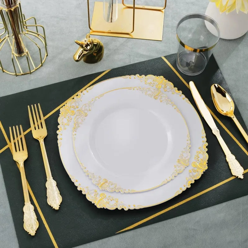 Pink and Gold Plastic Plates - Pink Plastic Dinnerware Sets for 50 Guests - 100 Pink Disposable Plates, 150 Gold Plastic