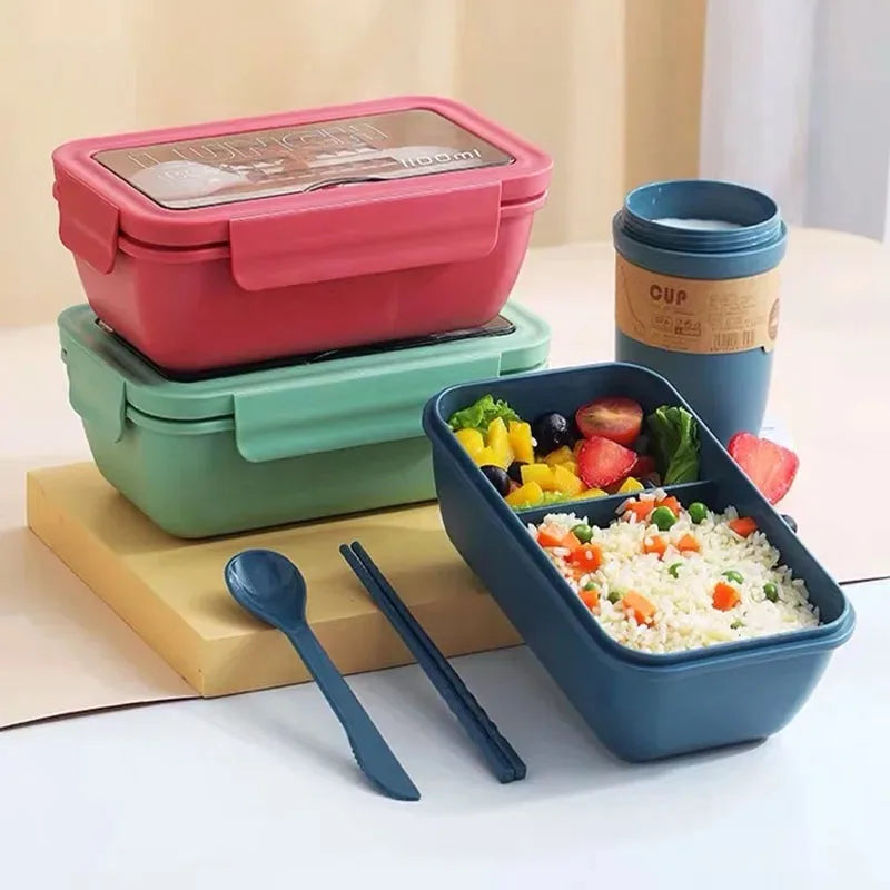 Japanese Style New Microwave Lunch Box with Bento  Compartments Portable Box Leakproof Food Container for Kids with Tableware