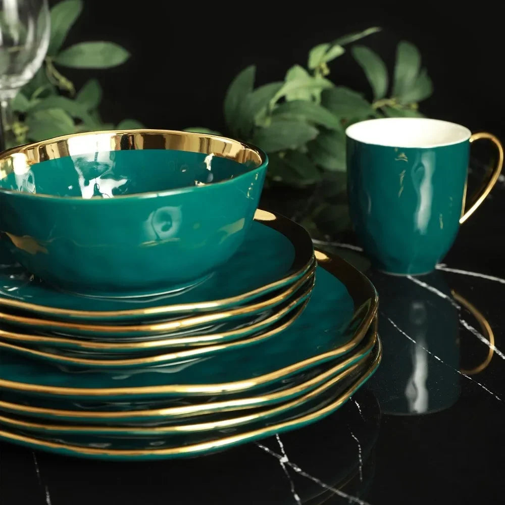 Porcelain 16 Piece Dinnerware Set, Service for 4, Green and Golden Rim  dishes and plates sets  dinnerware set