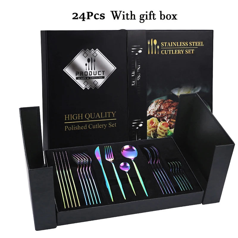 24pcs Elegant black and gold stainless steel cutlery gift set - knife, fork, spoon - perfect for festive occasions and dinners