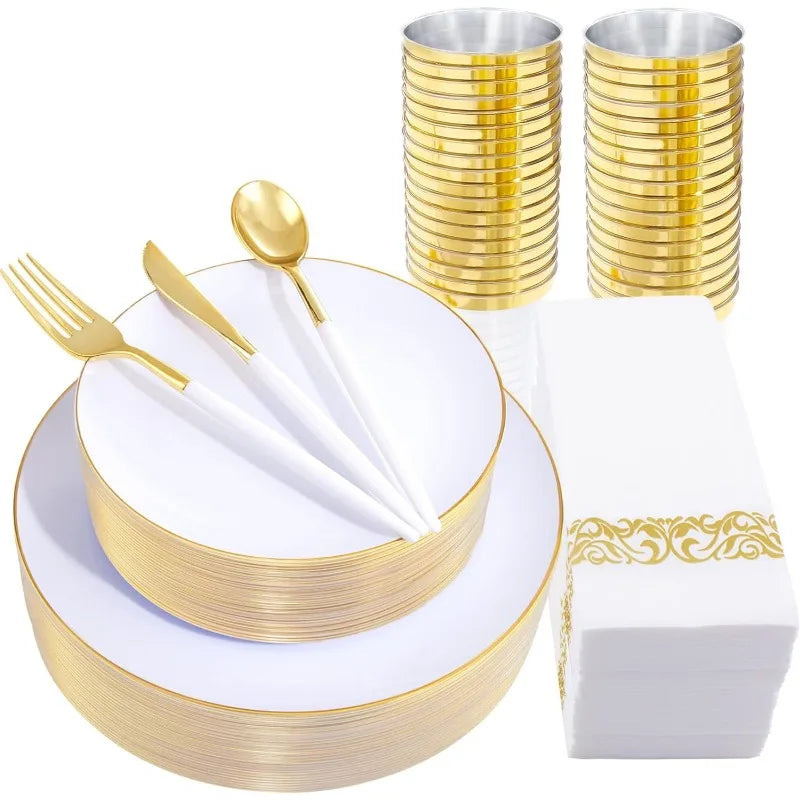 Pink and Gold Plastic Plates - Pink Plastic Dinnerware Sets for 50 Guests - 100 Pink Disposable Plates, 150 Gold Plastic