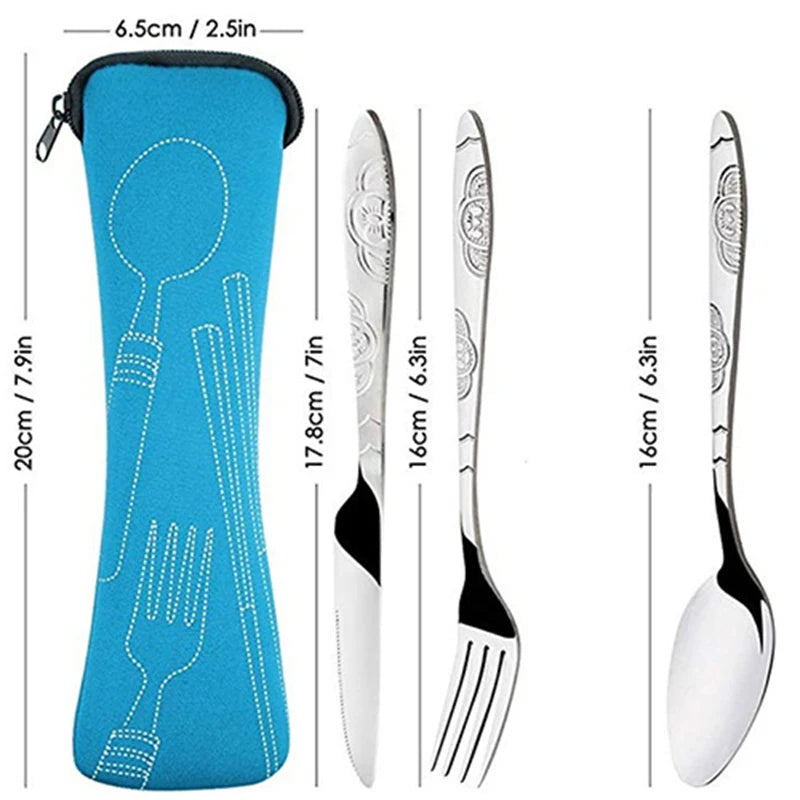 3Pcs Steel Knifes Fork Spoon Set Family Travel Camping Cutlery Eyeful Four-piece Dinnerware Set with Case