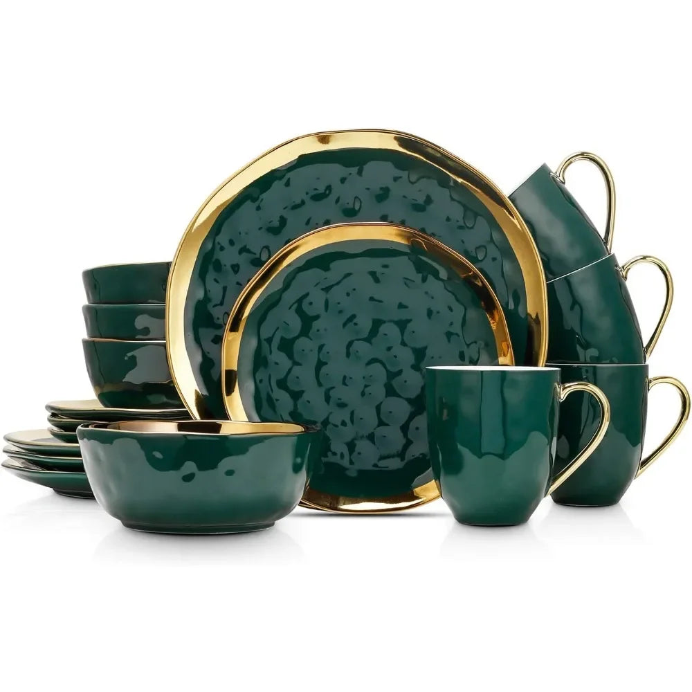 Porcelain 16 Piece Dinnerware Set, Service for 4, Green and Golden Rim  dishes and plates sets  dinnerware set