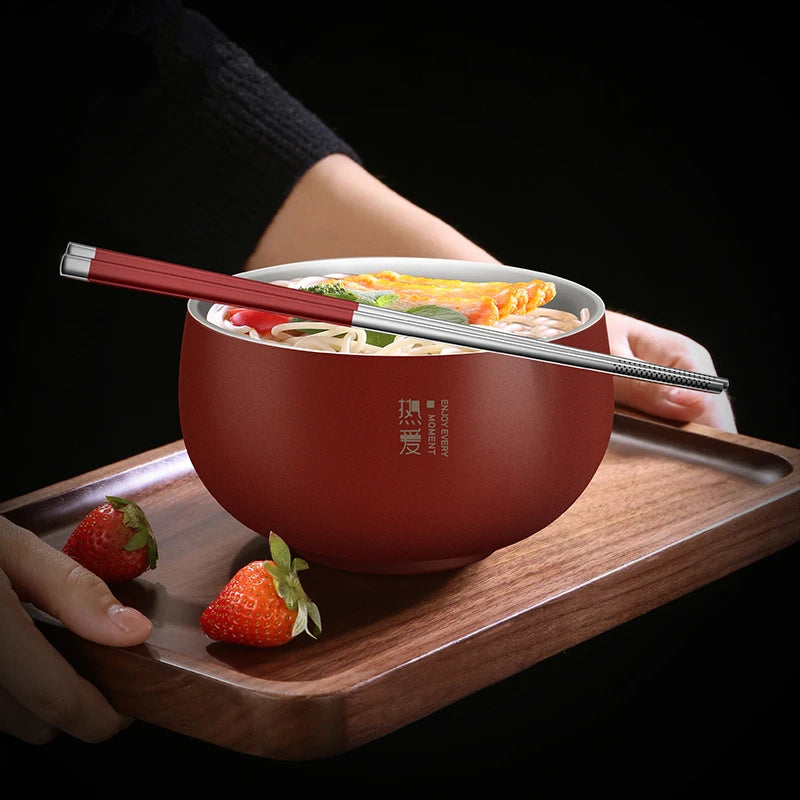 Japanese Double Layer Ramen Bowl with Lid Stainless Steel Rice Soup Instant Noodles Bowls Food Container Kitchen Utensils