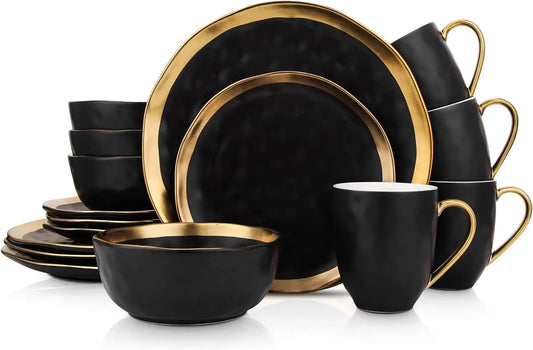 Stone Lain Modern Poreclain 16 Piece Dinnerware Set, Plates and Bowls Set, Dish set for 4, Black And Golden Rim