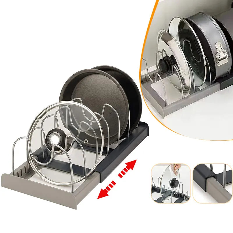 Expandable Pot and Pan Organizers Rack Holder Kitchen Cabinet Pantry Bakeware Organizer Rack with 6 Adjustable Compartments