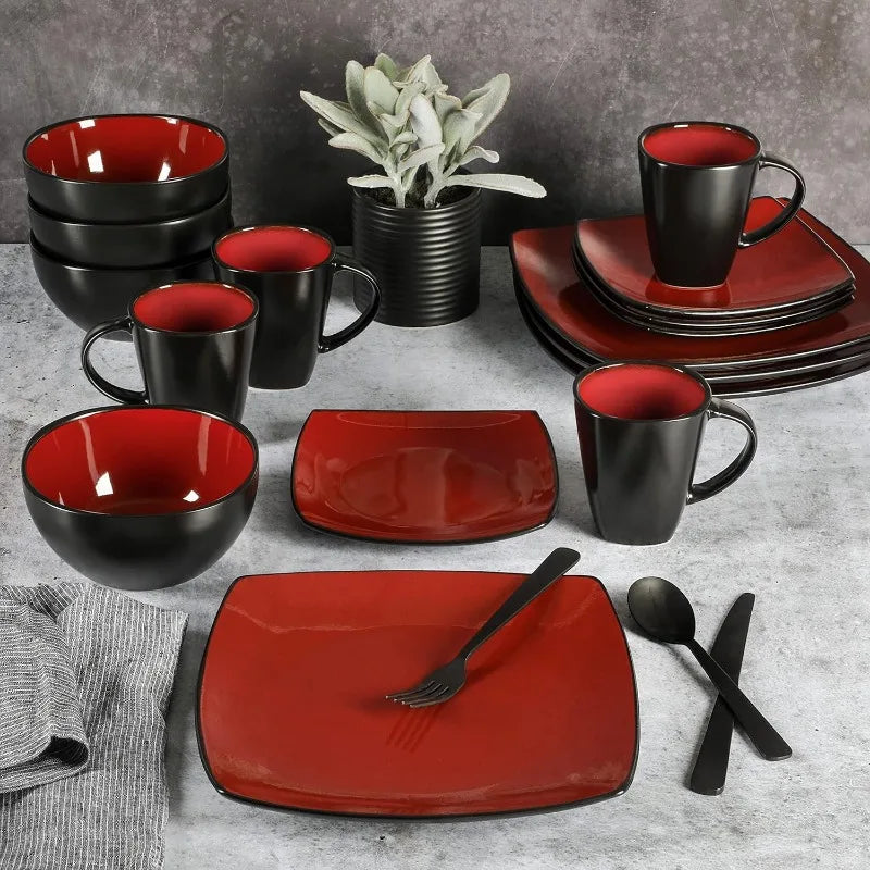 Square Reactive Glaze Dinnerware Set, Red, Service for 4 (16pcs)