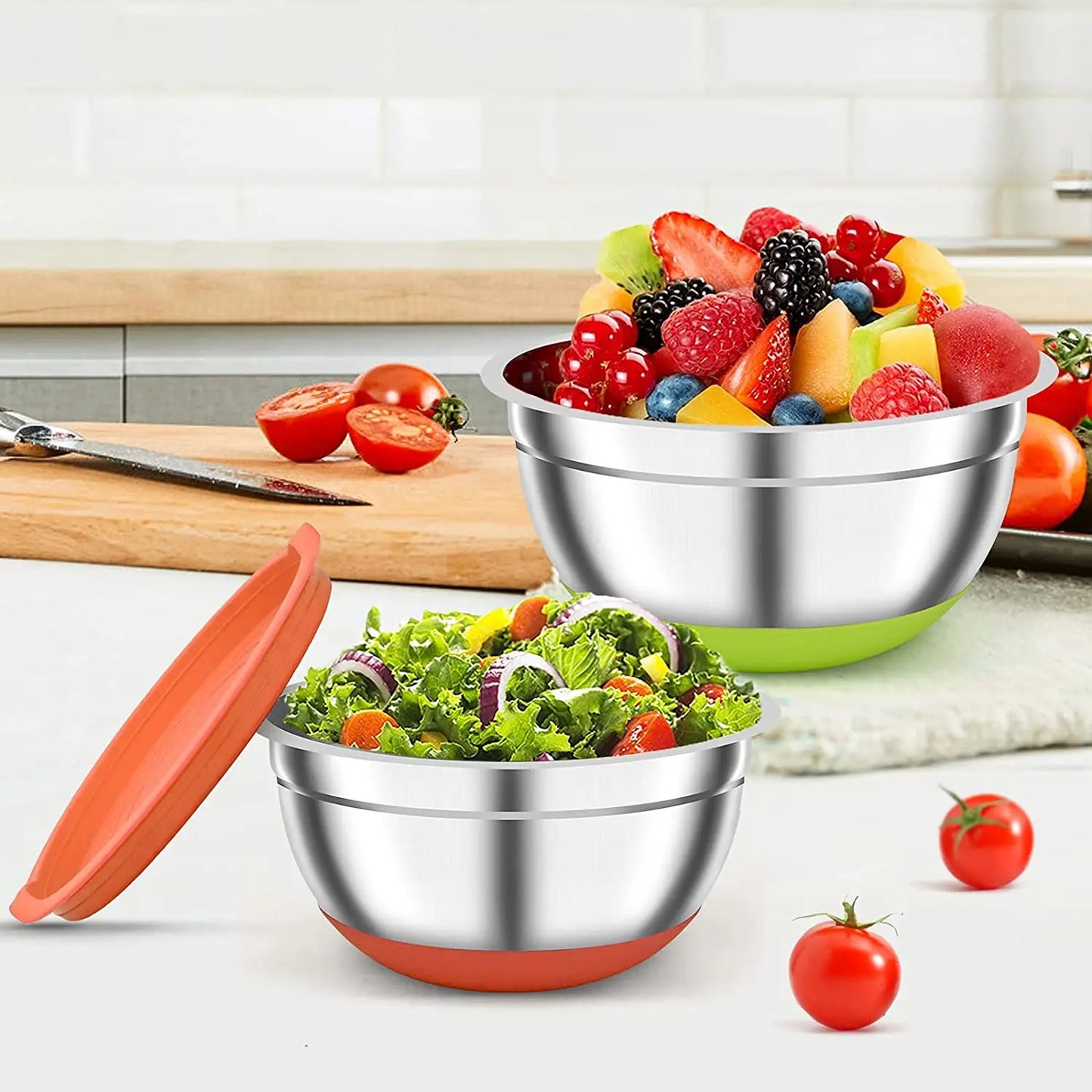 2 Pack Mixing Bowls with Airtight Lids Colorful Stainless Steel Metal Nesting Bowls for Kitchen Non-Slip Silicone